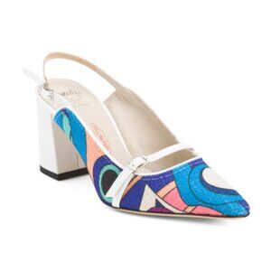 AMALFI Blue/White Made In Italy Leather Ibisco Slingback Heels